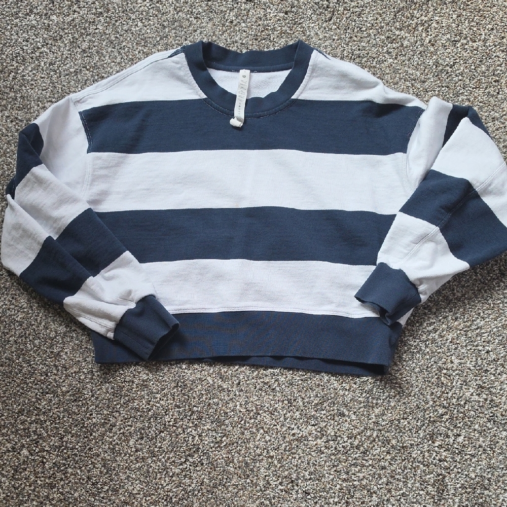 lululemon athletica Navy and White Striped Cropped Crewneck